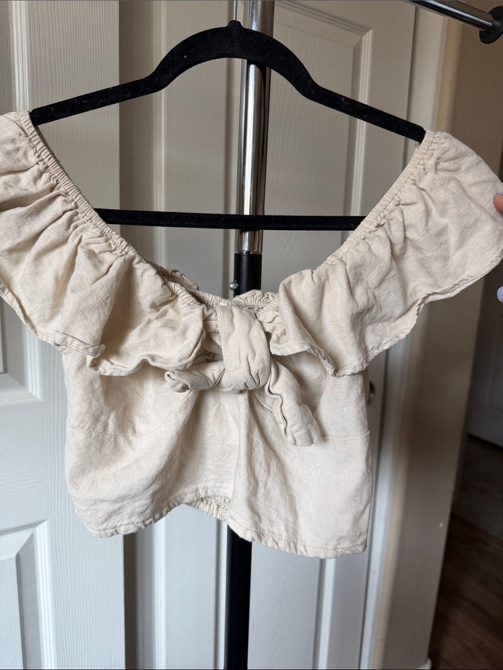 Off-Shoulder Cream Ruffle Tie-Front Top